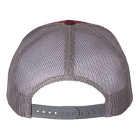A Yupoong Classics Six-Panel Retro Trucker Snapback Hat 6606 - Custom Leather Patch Hat | No Minimals | Volume Tiered Pricing with a grey and burgundy camo design on a white background.