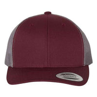 A YP Classics Yupoong Classics Six-Panel Retro Trucker Snapback Hat 6606 - Custom Embroidered Hat in burgundy and gray camo mesh with a rounded brim is displayed against a white background, featuring a snapback closure for an adjustable fit.