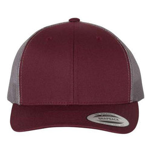 A YP Classics Yupoong Classics Six-Panel Retro Trucker Snapback Hat 6606 - Custom Embroidered Hat in burgundy and gray camo mesh with a rounded brim is displayed against a white background, featuring a snapback closure for an adjustable fit.
