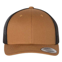 The YP Classics Yupoong Classics Six-Panel Retro Trucker Snapback Hat 6606 features a brown and black design with a curved brim and a stylish mesh back for breathability.