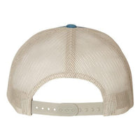 Back view of a beige camo YP Classics six-panel retro trucker snapback hat by Yupoong, featuring a mesh back and an adjustable snapback closure.