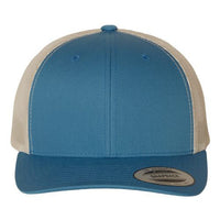 A YP Classics Six-Panel Retro Trucker Snapback Hat 6606 - Custom Leather Patch Hat | No Minimals | Volume Tiered Pricing with a snapback closure on a white background.