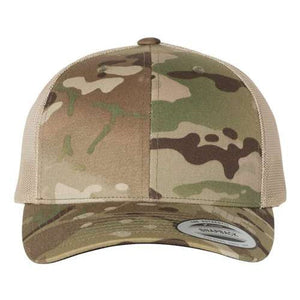 The YP Classics Yupoong Classics Six-Panel Retro Trucker Snapback Hat 6606 - Custom Embroidered Hat features a camo-pattern with a mesh back, flat brim, and a convenient snapback closure.