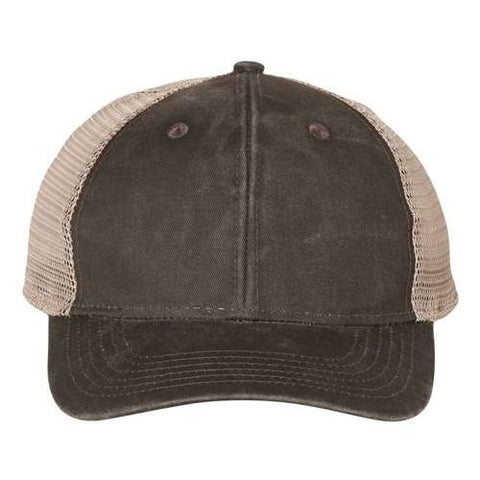 The Outdoor Cap Ponytail Mesh-Back Velcro Hat features a black and beige mesh design with a curved brim. Made from washed cotton twill, it ensures comfort and durability, while the ponytail opening guarantees a perfect fit for all-day wear.
