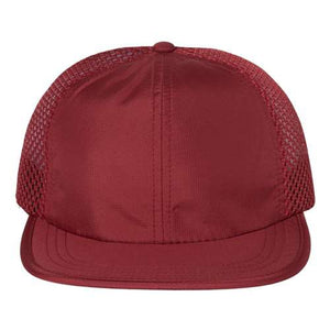Introducing the Richardson 935 Rouge Wide Set Mesh Performance Cap - a custom leather patch hat featuring a red mesh back, solid front panel, flat visor, and moisture-wicking sweatband.