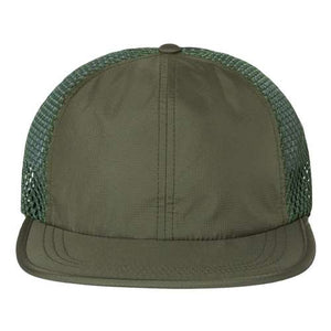 The olive green Richardson trucker hat features mesh panels for added breathability.
