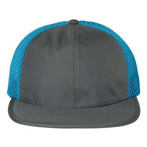 The grey and blue Richardson trucker hat features performance mesh for breathability.