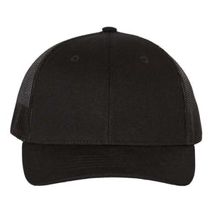 A black Richardson 112Y Youth Trucker Snapback Cap with an adjustable snapback closure on a white background.