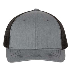 A grey and black Richardson 112Y Youth Trucker Snapback Cap with an adjustable snapback closure.