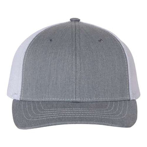 A grey and white Richardson trucker hat with an adjustable snapback closure on a white background.