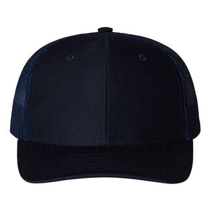 A black Richardson trucker hat with an adjustable snapback closure on a white background.