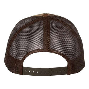 A brown YP Classics six-panel retro trucker snapback hat with snapback closure.