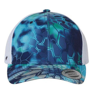YP Classics presents the Yupoong Classics Six-Panel Retro Trucker Snapback Hat 6606, featuring a custom embroidered design in a blue and green camo hexagonal pattern and complemented by a white mesh back panel.