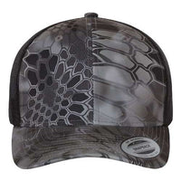 A YP Classics gray and black camo snapback cap, designed with organic shapes and featuring a comfortable mesh back for breathability, known as the Yupoong Classics Six-Panel Retro Trucker Snapback Hat 6606 - Custom Embroidered Hat.