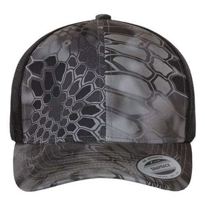 A YP Classics gray and black camo snapback cap, designed with organic shapes and featuring a comfortable mesh back for breathability, known as the Yupoong Classics Six-Panel Retro Trucker Snapback Hat 6606 - Custom Embroidered Hat.