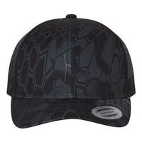 The YP Classics Yupoong Classics Six-Panel Retro Trucker Snapback Hat 6606 is a black cap with a hexagonal pattern and mesh back, featuring a sticker on the brim and a snapback closure for easy adjustments.