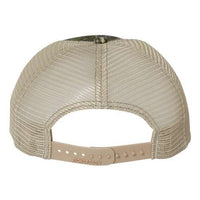 Rear view of a tan Richardson 111P Washed Printed Snapback Trucker Hat with mesh back and adjustable Snapback closure, custom embroidered and labeled "Richardson.