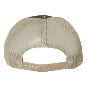Rear view of a tan Richardson 111P Washed Printed Snapback Trucker Hat with mesh back and adjustable Snapback closure, custom embroidered and labeled "Richardson.