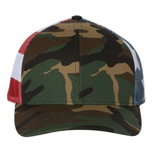 A Richardson 112PM Printed Mesh Trucker Cap with an American flag on it, featuring a snapback closure and made of cotton/polyester blend.