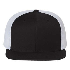 A black and white Richardson trucker hat in camo design on a white background.