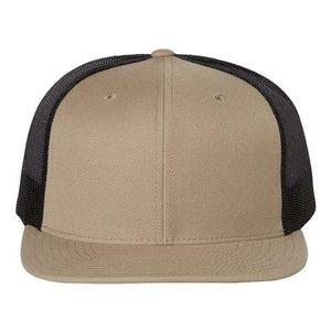 A Richardson 511 Wool Blend Flat Bill Trucker Cap in tan and black, perfect for outdoor adventures.