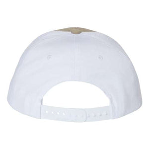 A Richardson 312 Twill Back Snapback Trucker Hat with a tan brim, made of cotton/polyester blend for durability and comfort.