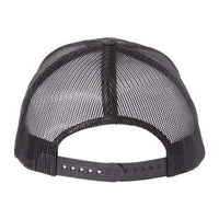 Rear perspective of a custom embroidered black camo mesh trucker cap from YP Classics, designed with an adjustable snapback closure.