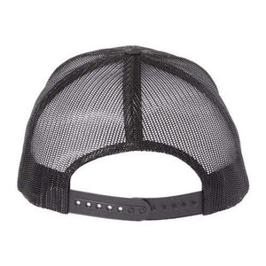 Rear perspective of a custom embroidered black camo mesh trucker cap from YP Classics, designed with an adjustable snapback closure.