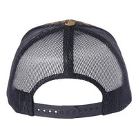 Back view of a Yupoong Classics Six-Panel Retro Trucker Snapback Hat 6606 in black camo, featuring a mesh back and an adjustable snapback closure by YP Classics.