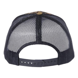 Back view of a Yupoong Classics Six-Panel Retro Trucker Snapback Hat 6606 in black camo, featuring a mesh back and an adjustable snapback closure by YP Classics.