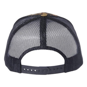 A YP Classics Six-Panel Retro Trucker Snapback Hat 6606 - Custom Leather Patch Hat | No Minimals | Volume Tiered Pricing with snapback closure and gold accents.