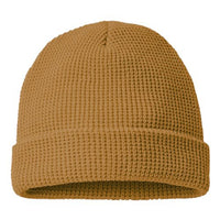 A tan Richardson 146R Waffle Cuffed Beanie on a white background.