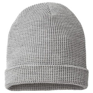 A grey Richardson 146R Waffle Cuffed Beanie on a white background.