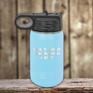 A Custom Kids Water Bottles 12 oz Personalized with your Logo, Design or Names - Special Bulk Wholesale Volume Pricing by Kodiak Coolers, laser-engraved insulated stainless steel water bottle with a flip top straw, exuding youthful vibrancy.