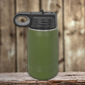 Green insulated stainless steel Custom Kids Water Bottles 12 oz Personalized with your Logo, Design or Names - Special New Years Sale Bulk Pricing - LIMITED TIME water bottle with a black flip-top lid, featuring vacuum-sealed insulation technology, on a wooden surface against a wooden background. From Kodiak Coolers.
