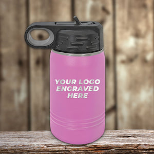 A pink water bottle with Custom Kids Water Bottles 12 oz Personalized with your Logo, Design or Names - Special Bulk Wholesale Volume Pricing by Kodiak Coolers.
