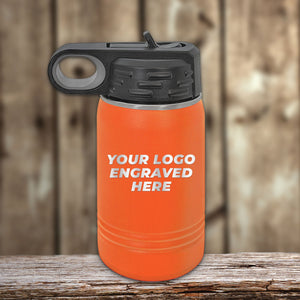 A youthful vibrancy Custom Kids Water Bottle 12 oz Personalized with your Logo, Design or Names - Special Bulk Wholesale Volume Pricing by Kodiak Coolers, with a flip top straw, ready for your custom logo laser-engraved.