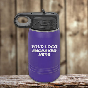 This Custom Kids Water Bottles 12 oz Personalized with your Logo, Design or Names - Special Bulk Wholesale Volume Pricing by Kodiak Coolers in vibrant purple features a flip top straw.