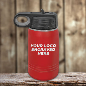 A red Custom Kids Water Bottles 12 oz Personalized with your Logo, Design or Names - Special Bulk Wholesale Volume Pricing water bottle by Kodiak Coolers, showcasing youthful vibrancy.