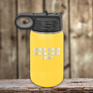A Custom Kids Water Bottles 12 oz Personalized with your Logo, Design or Names - Special Bulk Wholesale Volume Pricing from Kodiak Coolers, featuring a black handle, placed on a wooden table.