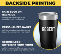 Promotional graphic highlighting custom backside engraving options for a personalized insulated tumbler, including same logo, names, and a Kodiak Wholesale ADD ON: Backside Engraving - Second Logo or Custom Name - $7.99.