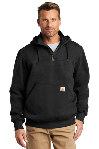 A man stands facing forward wearing a Carhartt Rain Defender Paxton Heavyweight Zip Hoodie Sweatshirt CT100617 in black, featuring a front pocket, partial zipper, and durable water-repellent finish.