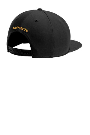 A Carhartt Snapback Flat Brim Ashland Hat CT101604 - Custom Leather Patch Hat | No Minimals | Volume Tiered Pricing with a gold logo on it, made from cotton duck construction for durability and featuring a comfortable sweatband.