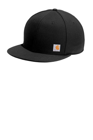 A black Carhartt Snapback Flat Brim Ashland Hat CT101604 - Custom Embroidered Hat on a white background.