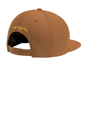 A brown Carhartt Snapback Flat Brim Ashland Hat CT101604 - Custom Leather Patch Hat | No Minimals | Volume Tiered Pricing with a gold logo on it.