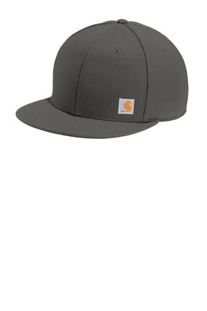 A gray Carhartt Snapback Flat Brim Ashland Hat CT101604 with a small logo on the front, made from cotton duck canvas.