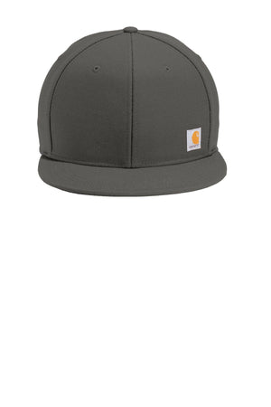 A gray Carhartt Snapback Flat Brim Ashland hat made from cotton duck canvas, with a small orange logo on the front.