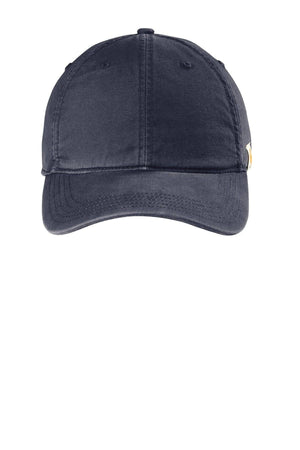 A navy Carhartt Velcro Cotton Canvas Hat CT103938 - Custom Embroidered Hat with a gold logo on it, perfect for those who appreciate Carhartt quality and style.