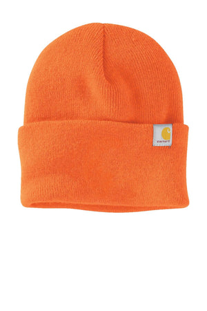 The Carhartt Watch Beanie Hat 2.0 CT104597, a custom embroidered hat by Carhartt, features a folded cuff and a small logo patch on the front. It is crafted from stretchable rib knit in orange for enhanced comfort and style.