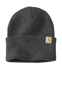 The Carhartt Watch Beanie Hat 2.0 CT104597, custom embroidered, showcases a folded brim and a small label on the front, made from stretchable rib knit for enhanced comfort.